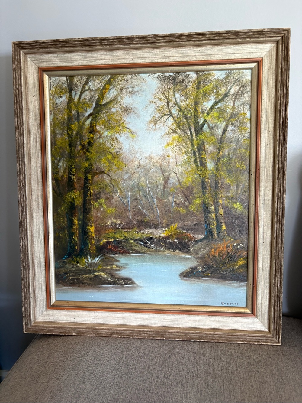 Framed Landscape Acrylic Painting in Green and Brown